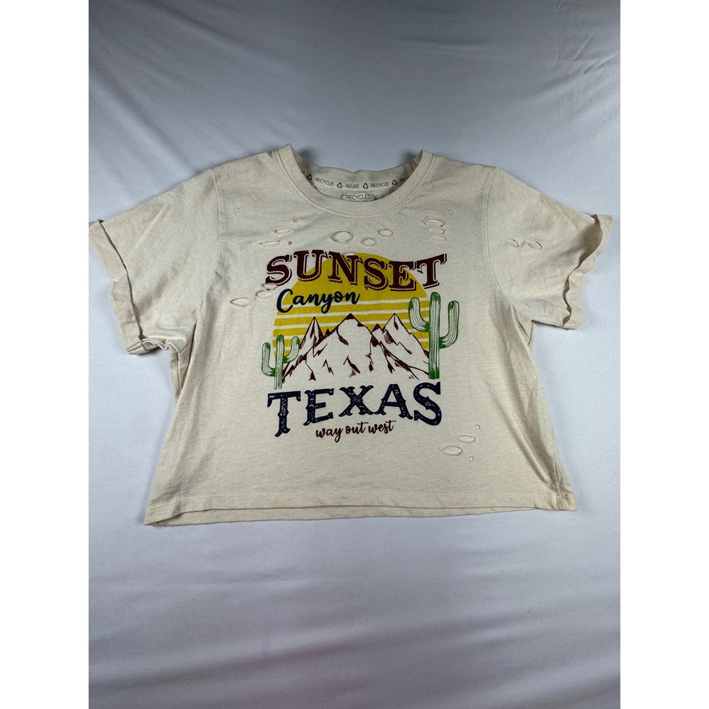 Recycled Threads Sunset Canyon Texas‎ Distressed Crop Graphic T-Shirt Cream L
